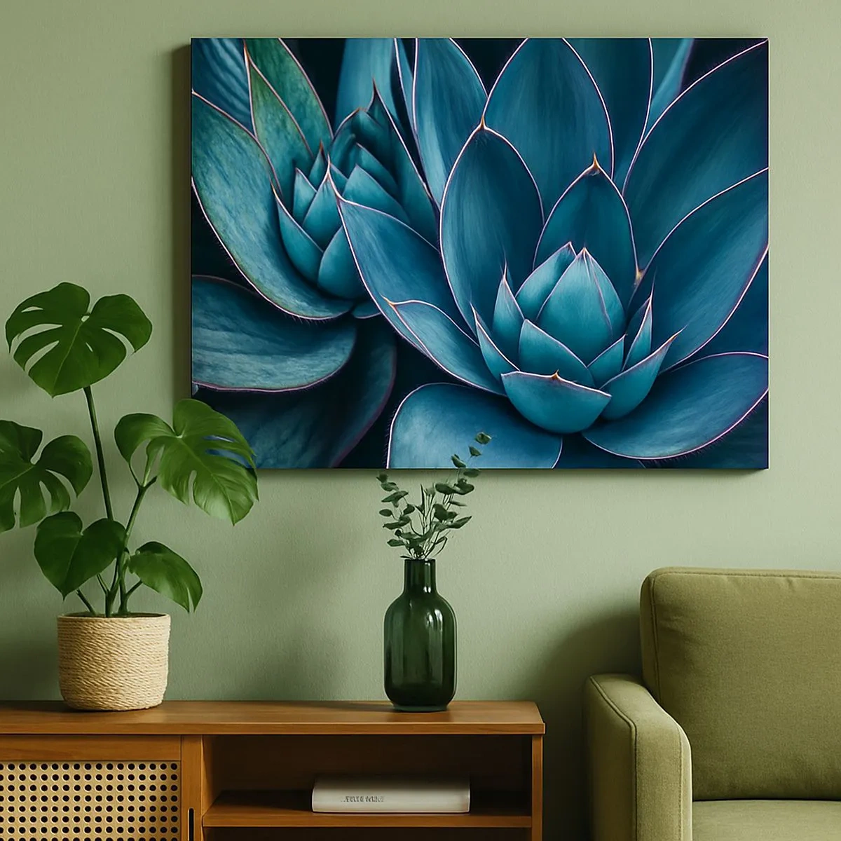 Lærredstryk - Billede på lærred - Agave i nuancer af blå og grøn med lyserøde accenter - 70x50cm - Vital kraft - Moderne vægdekoration til stue og soveværelse ARTTOR