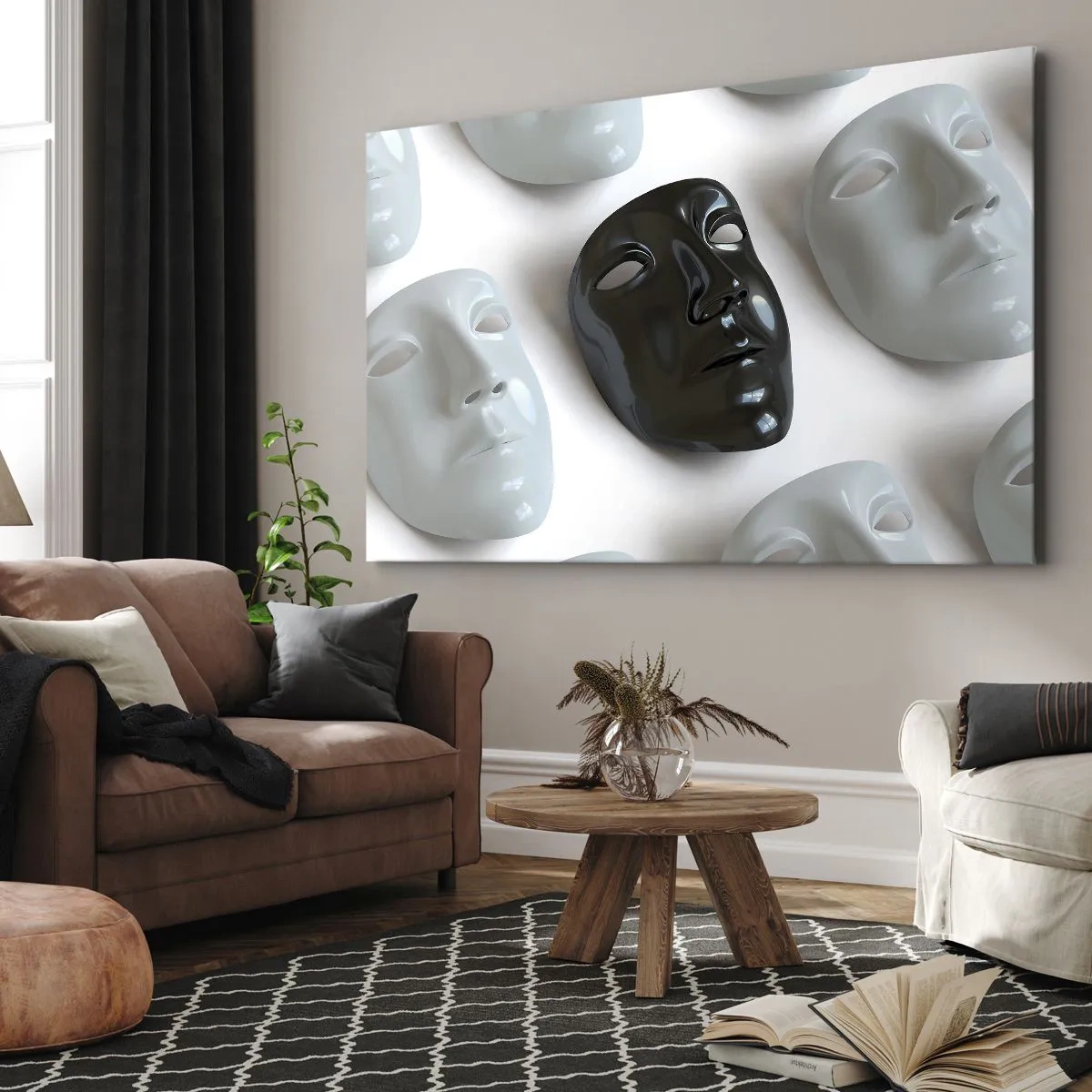 Lærredstryk - Billede på lærred - Sorte og hvide masker på en lys baggrund - 70x50cm - Hvordan skiller man sig ud? - Moderne vægdekoration til stue og soveværelse ARTTOR