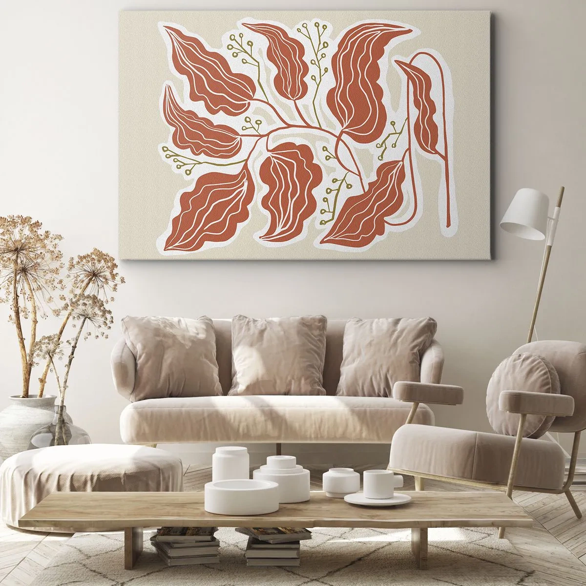 Lærredstryk - Billede på lærred - Et minimalistisk bladmotiv i nuancer af orange og grøn. - 70x50cm - Folk og koral - Moderne vægdekoration til stue og soveværelse ARTTOR