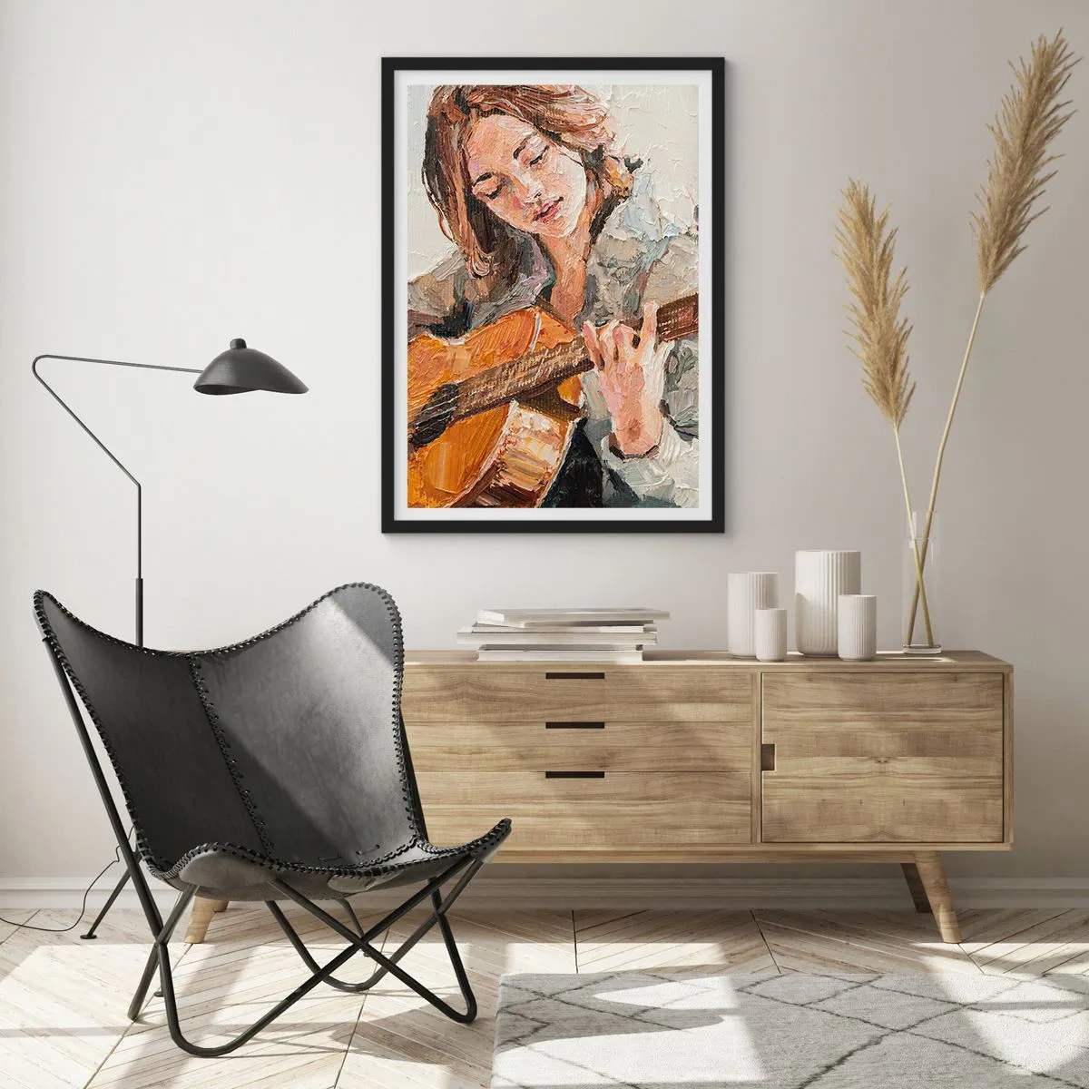 Plakat i sort ramme - Portræt af en kvinde, der spiller guitar i impasto-stil - 50x70cm - Koncert for guitar og et pigehjerte - Moderne vægdekoration til stue og soveværelse ARTTOR