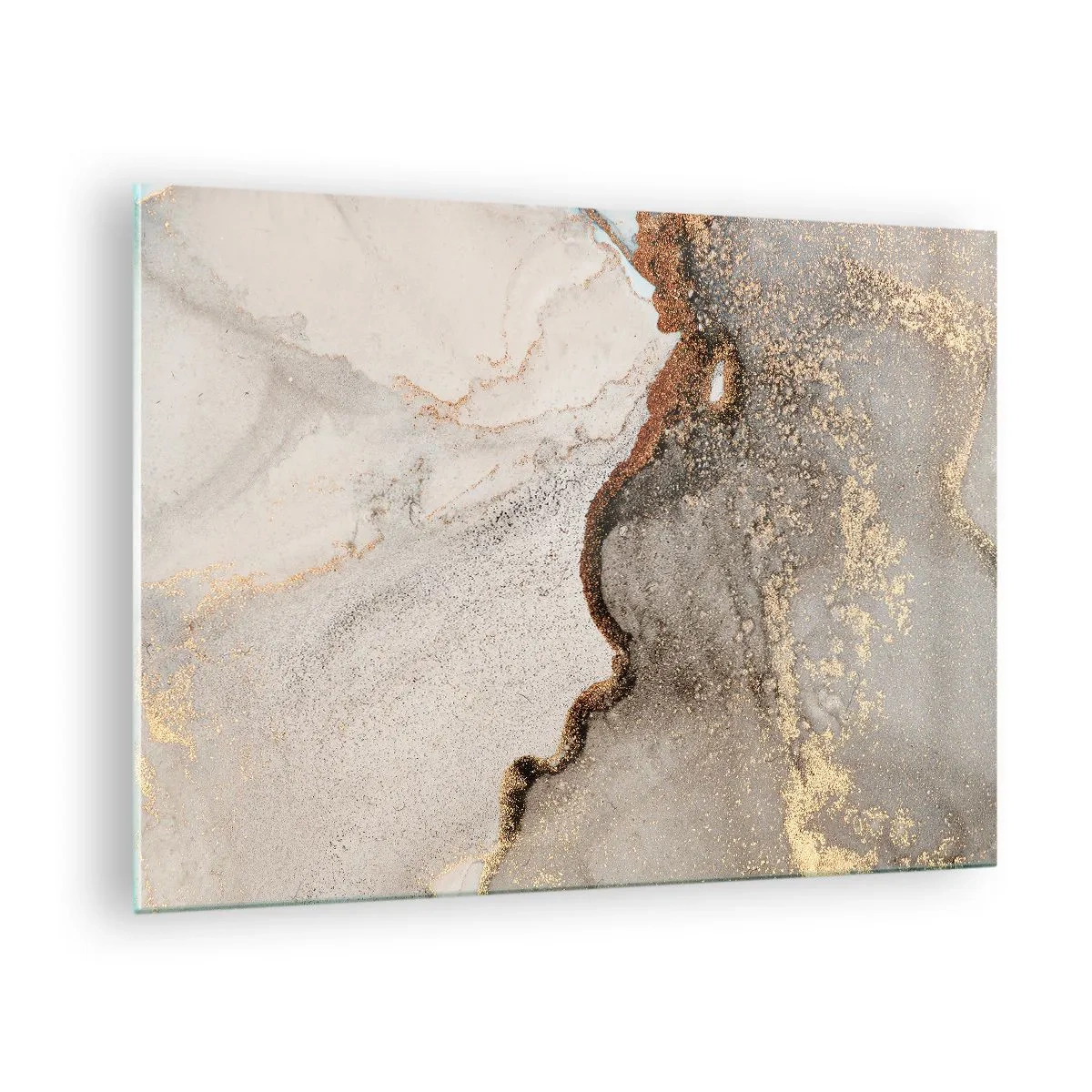 Billede på glas - Abstrakt komposition med beige, guld og grafit - 70x50cm - På farvegrænsen - Moderne vægdekoration til stue og soveværelse ARTTOR
