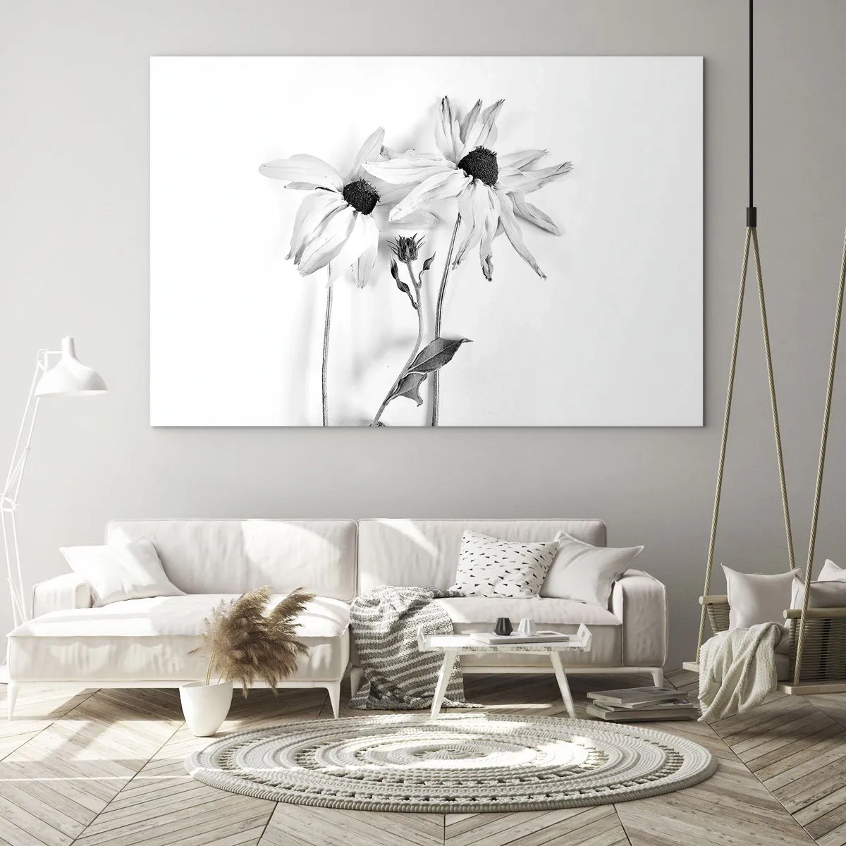 Billede på glas - Sort-hvide blomster i minimalistisk stil - 70x50cm - Ingen ønsker at være alene - Moderne vægdekoration til stue og soveværelse ARTTOR