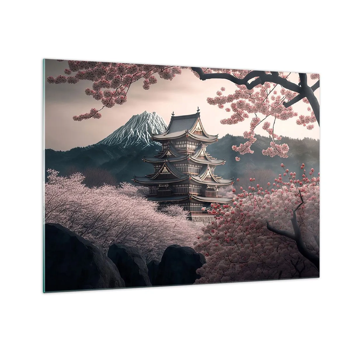 Billede på glas - En traditionel japansk pagode midt i kirsebærblomster og bjerge - 70x50cm - Kirsebærblomsternes land - Moderne vægdekoration til stue og soveværelse ARTTOR