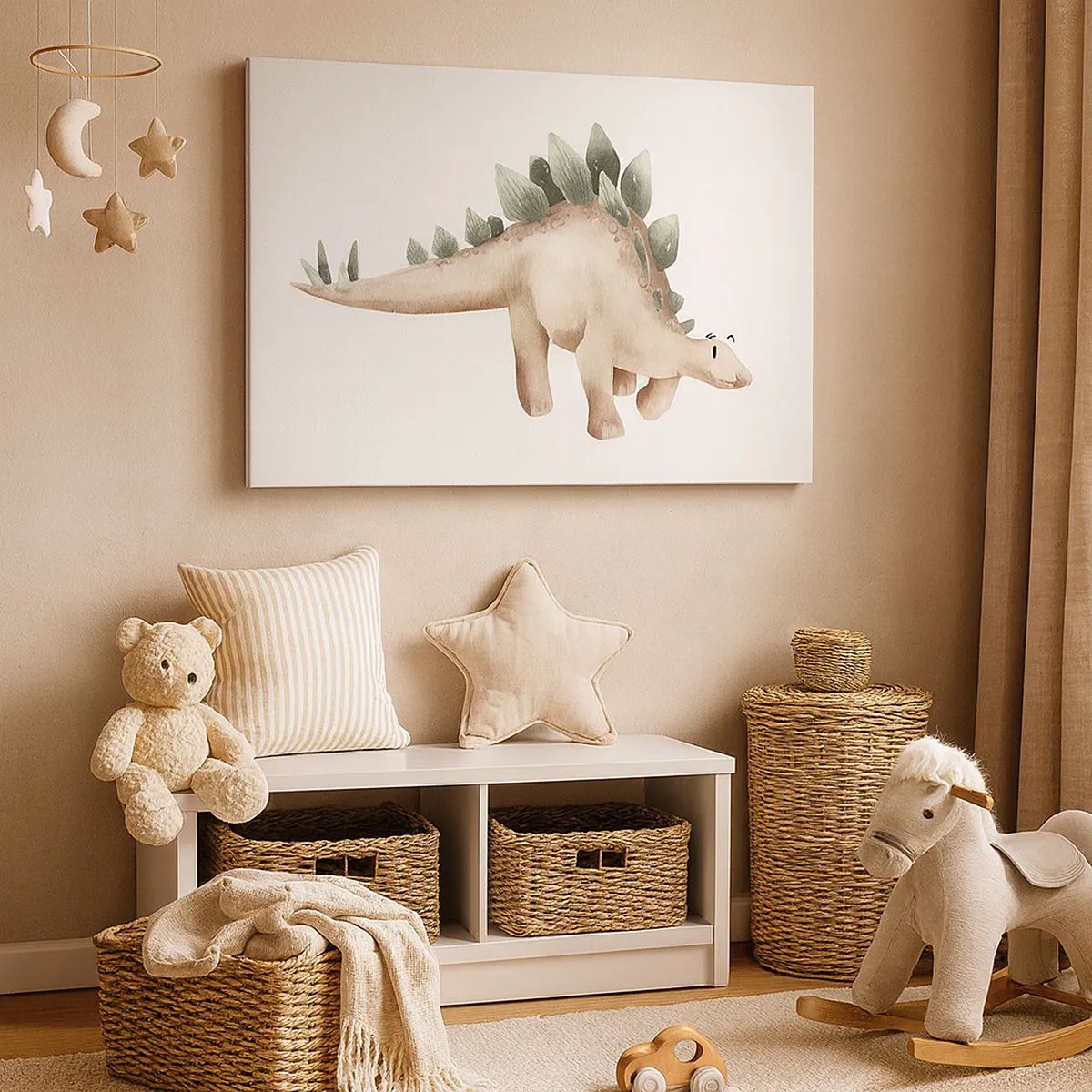 Lærredstryk - Billede på lærred - En sød dinosaur i pastelfarver - 70x50cm - Din ven - Moderne vægdekoration til stue og soveværelse ARTTOR