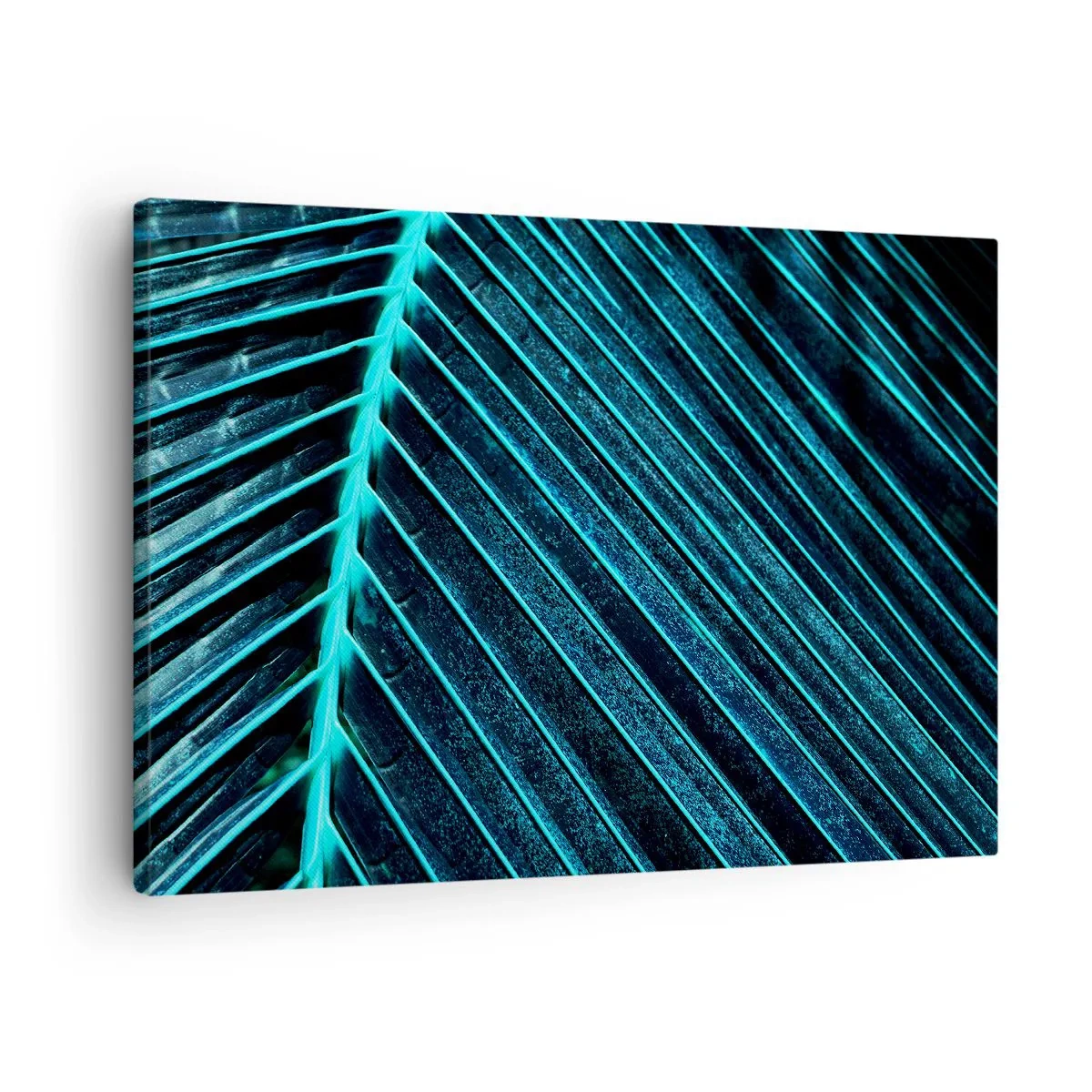 Lærredstryk - Billede på lærred - Makrofotografi af et blad i nuancer af turkis og marineblå - 70x50cm - Tekstur af grønt - Moderne vægdekoration til stue og soveværelse ARTTOR