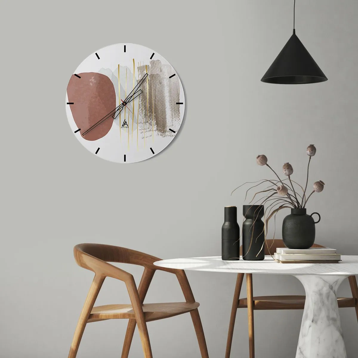 Vægur, Uret - Minimalistiske abstrakte former i beige og brune nuancer - 30x30cm - Abstrakt kolonnade - Moderne vægdekoration til stue, køkken og soveværelse ARTTOR