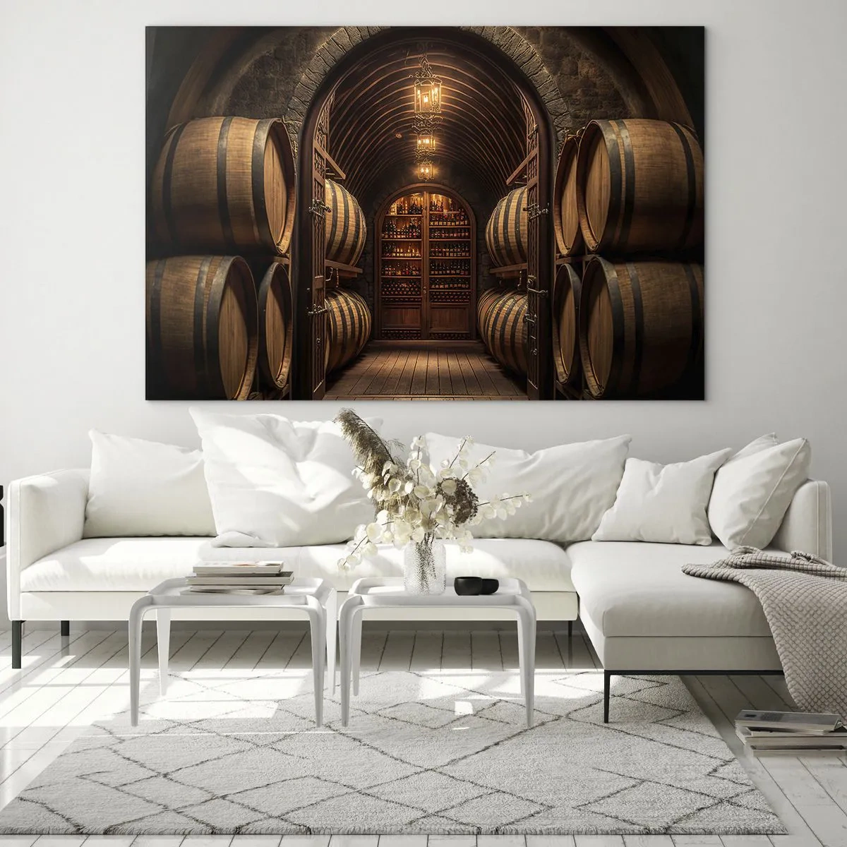 Billede på glas - En vingård med tønder og en oplyst kælder fuld af flasker - 70x50cm - Atmosfærisk kælder - Moderne vægdekoration til stue og soveværelse ARTTOR