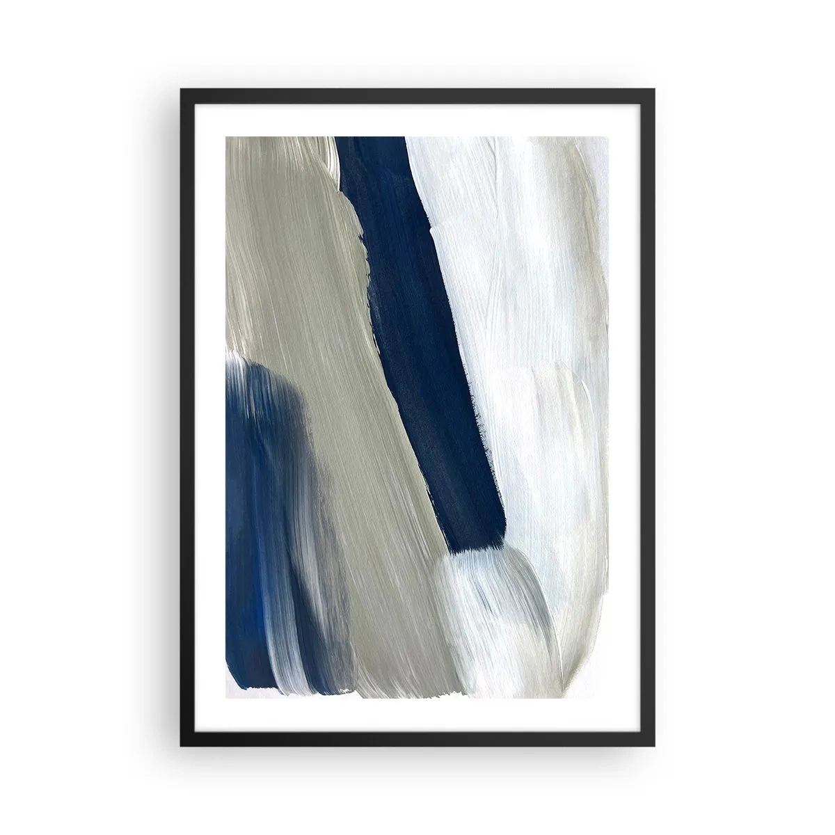 Plakat i sort ramme - Abstrakte penselstrøg i marineblå nuancer - 50x70cm - Møde med det hvide - Moderne vægdekoration til stue og soveværelse ARTTOR