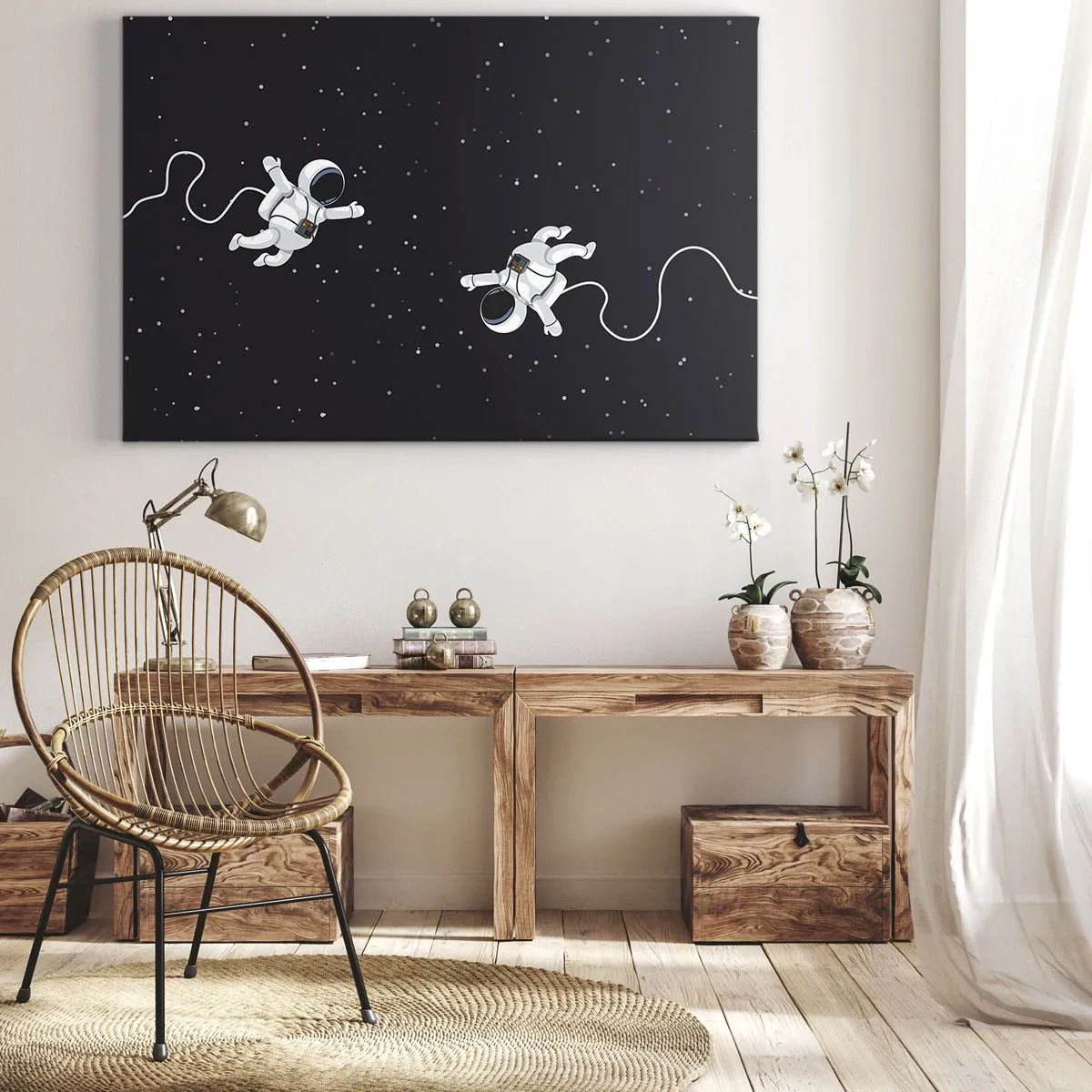 Lærredstryk - Billede på lærred - Astronauter svæver i rummet mod en baggrund af stjerner - 70x50cm - Rummet vikler sig sammen - Moderne vægdekoration til stue og soveværelse ARTTOR