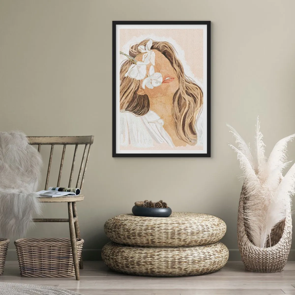 Plakat i sort ramme - Portræt af en kvinde med blomster, der dækker hendes ansigt - 50x70cm - Blandt blomsterne i jubel - Moderne vægdekoration til stue og soveværelse ARTTOR