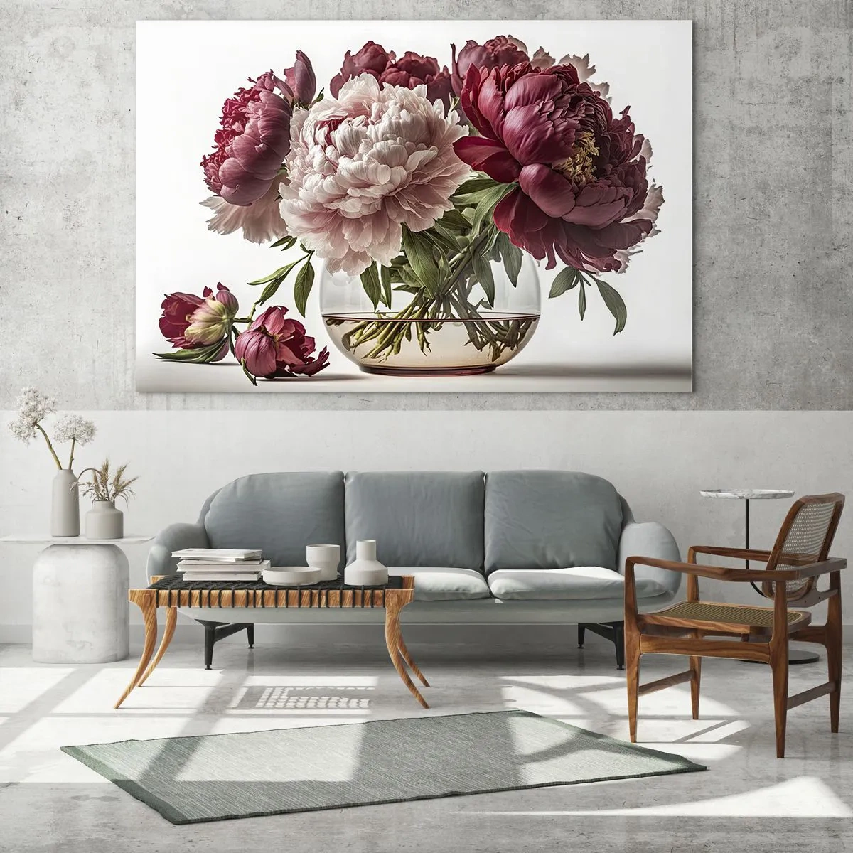 Billede på glas - En buket pæoner i en glasvase på en lys baggrund - 70x50cm - I fuldt flor af skønhed - Moderne vægdekoration til stue og soveværelse ARTTOR