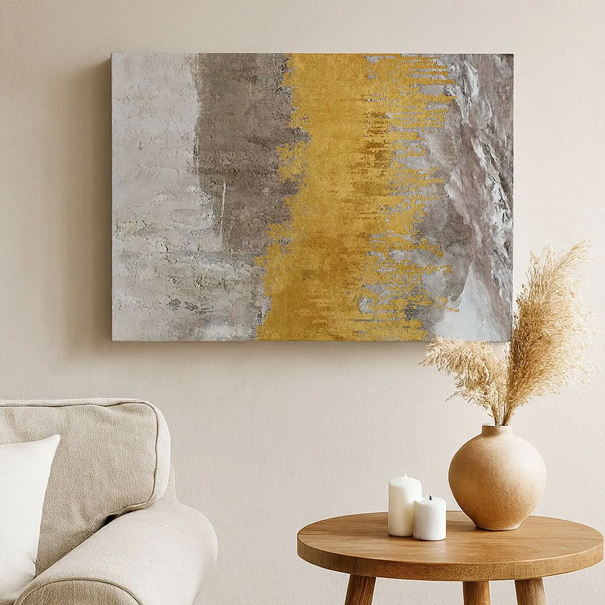 Lærredstryk - Billede på lærred - Abstrakt mønster i guld og beige - 70x50cm - En gylden eksplosion - Moderne vægdekoration til stue og soveværelse ARTTOR