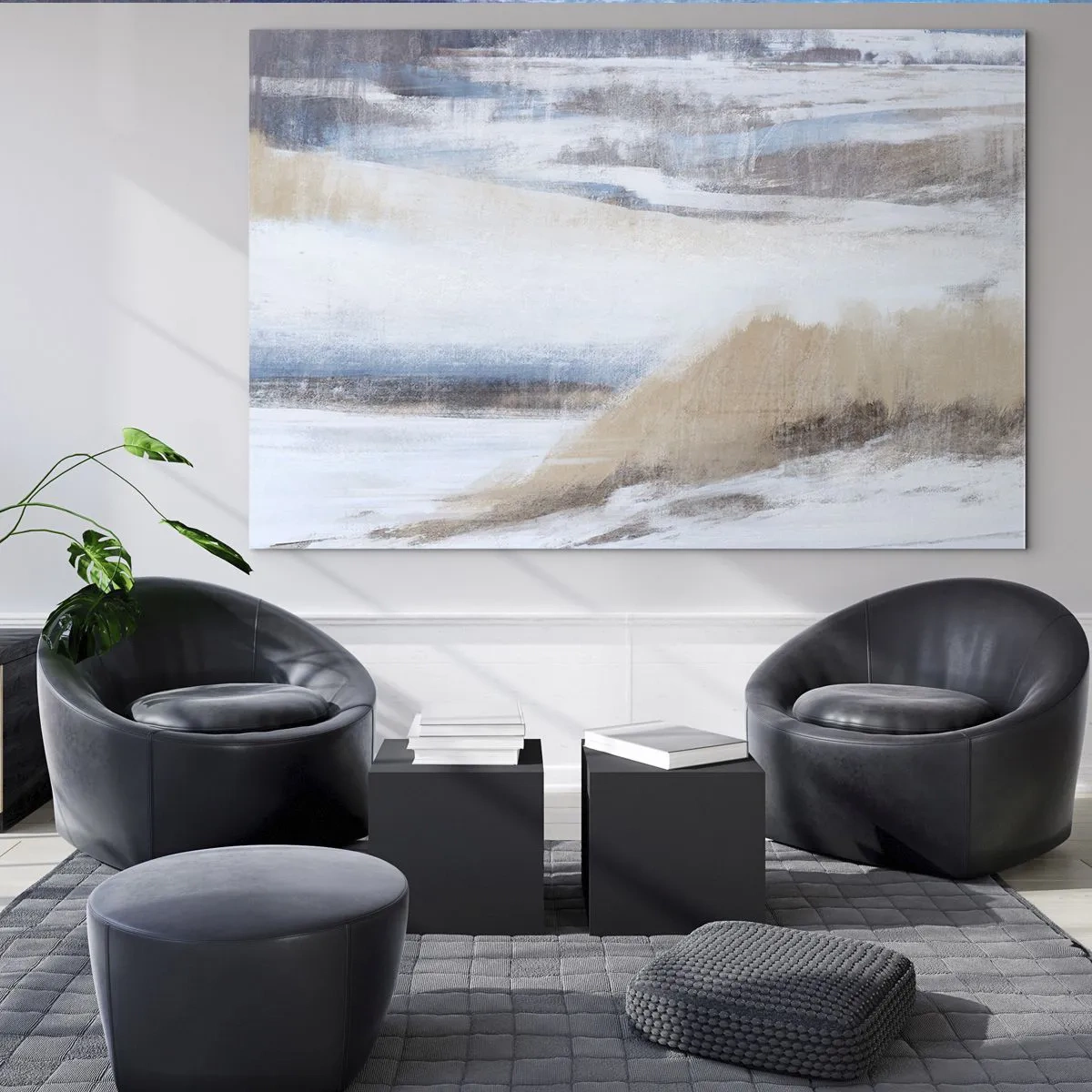 Billede på glas - En delikat abstraktion i kølige beige og blå toner. - 70x50cm - Vinterkomposition - Moderne vægdekoration til stue og soveværelse ARTTOR