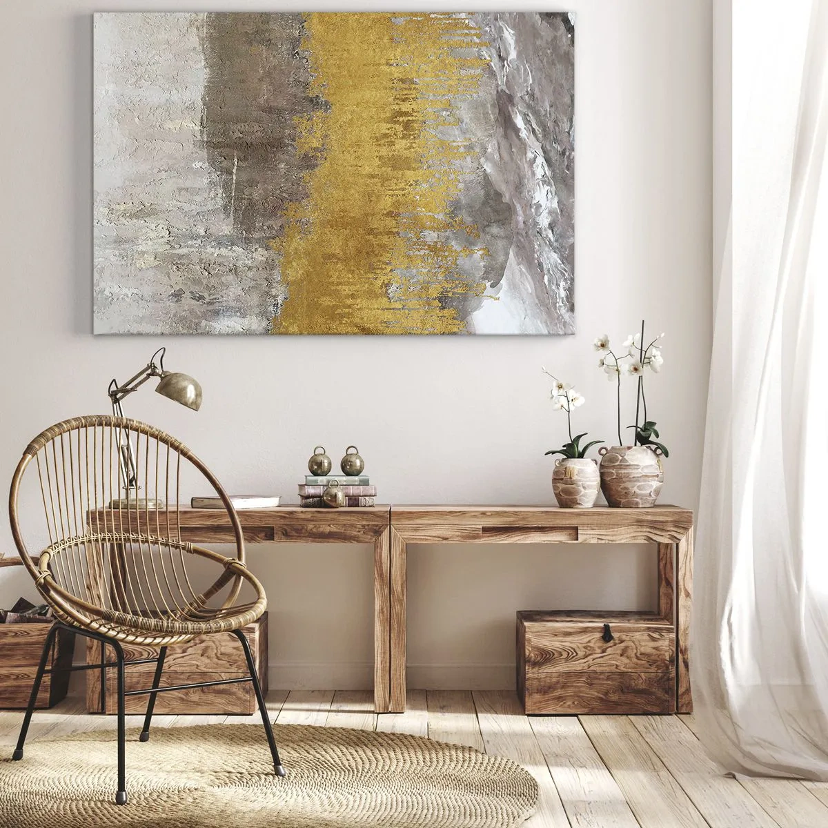 Lærredstryk - Billede på lærred - Abstrakt mønster i guld og beige - 70x50cm - En gylden eksplosion - Moderne vægdekoration til stue og soveværelse ARTTOR