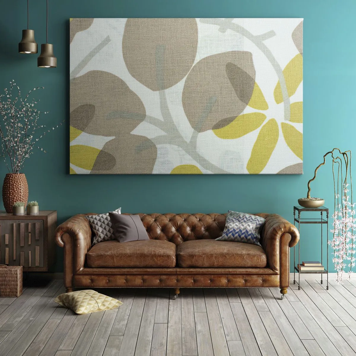 Lærredstryk - Billede på lærred - Abstrakte blade i beige og gule nuancer - 70x50cm - Komposition i solskinnet - Moderne vægdekoration til stue og soveværelse ARTTOR