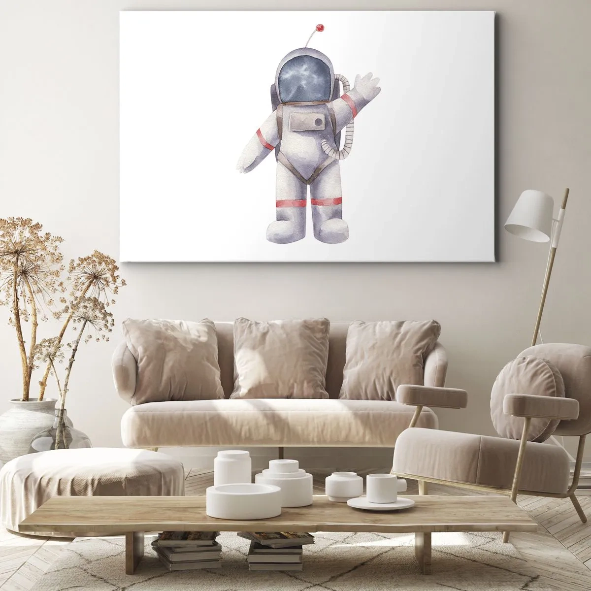 Lærredstryk - Billede på lærred - Akvarelstil astronaut på en hvid baggrund - 70x50cm - Det er alt for nu! - Moderne vægdekoration til stue og soveværelse ARTTOR