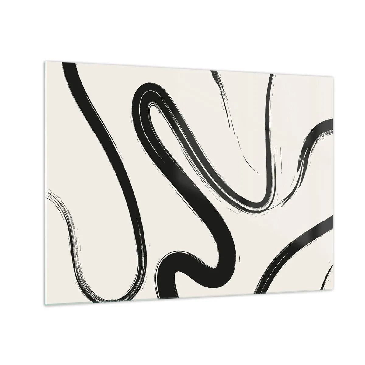 Billede på glas - Dynamiske sorte linjer på en lys baggrund i en abstrakt stil. - 70x50cm - Sort og hvid fantasifuldhed - Moderne vægdekoration til stue og soveværelse ARTTOR