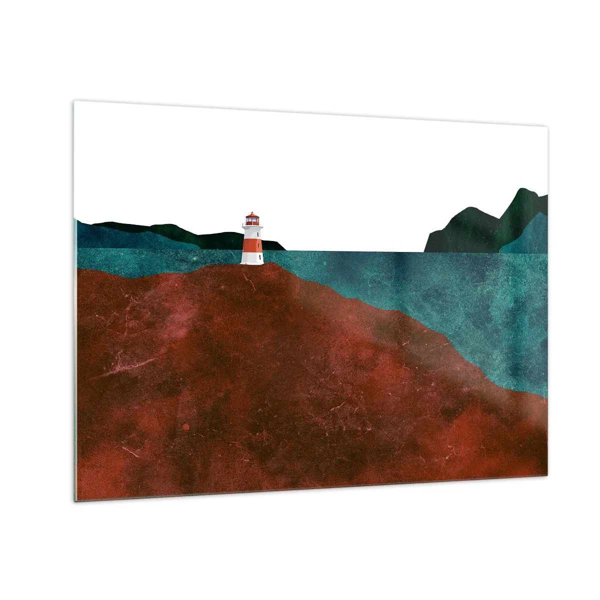 Billede på glas - Et fyrtårn med et turkisblåt hav og røde klipper som baggrund - 70x50cm - Med blikket rettet mod havet - Moderne vægdekoration til stue og soveværelse ARTTOR