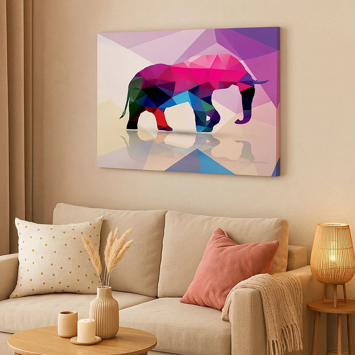 Lærredstryk - Billede på lærred - Geometrisk silhuet af en elefant i levende farver - 70x50cm - Krystal dinosaur - Moderne vægdekoration til stue og soveværelse ARTTOR