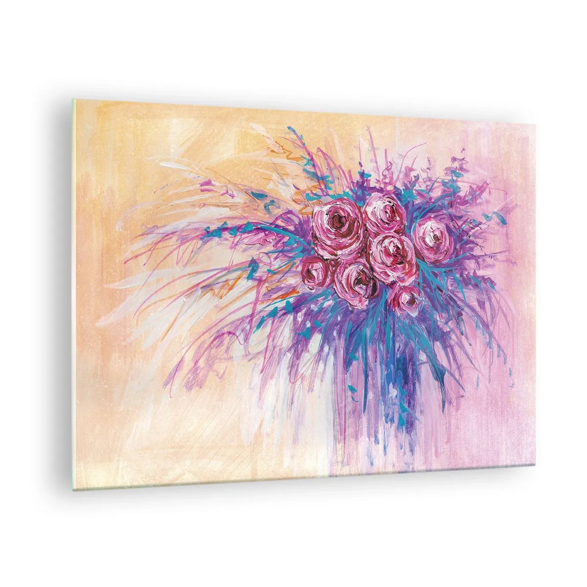 Billede på glas - En buket roser i lyserøde og lilla nuancer på en pastelfarvet baggrund - 70x50cm - Rose springvand - Moderne vægdekoration til stue og soveværelse ARTTOR