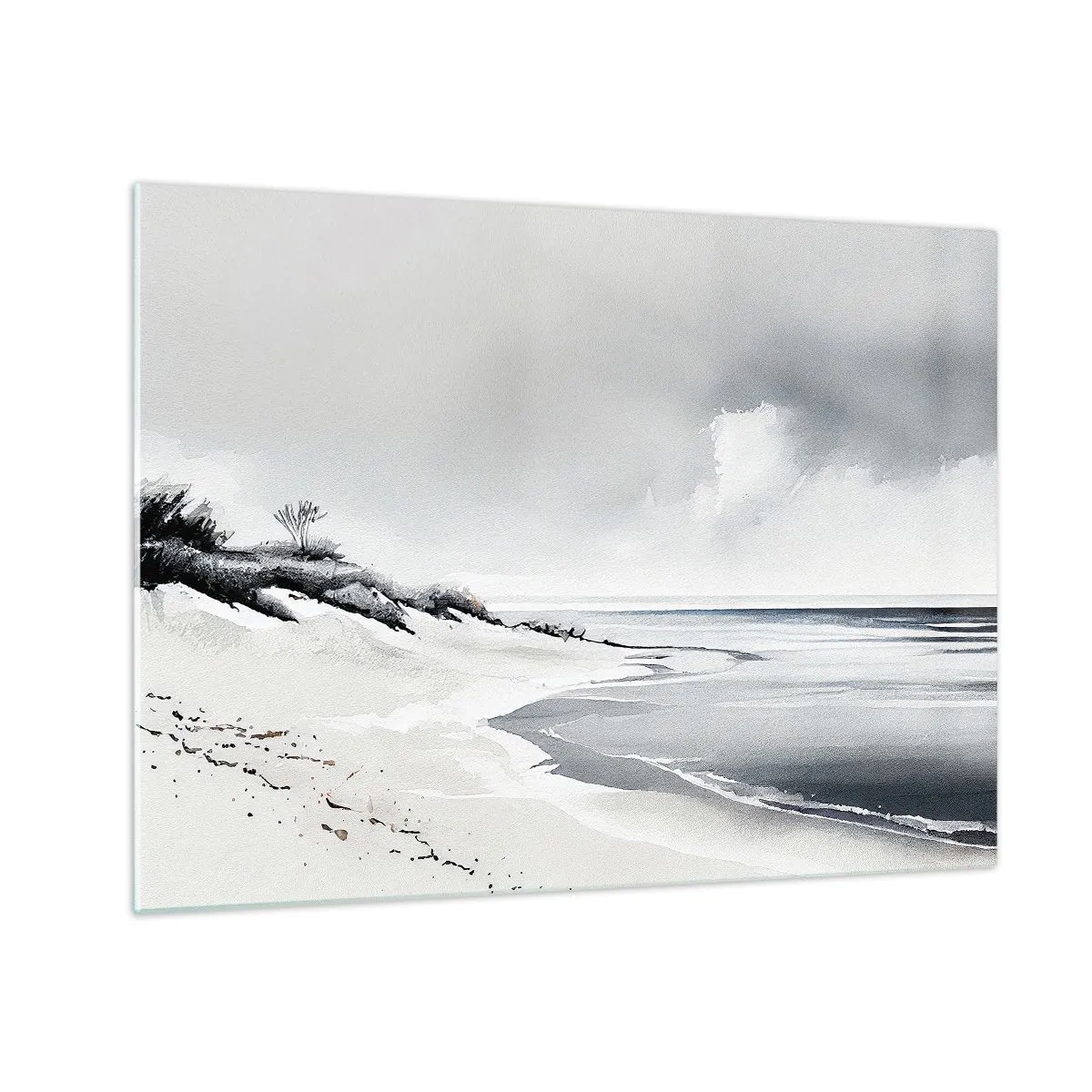 Billede på glas - Sort og hvid strand med horisont og roligt hav - 70x50cm - Altid sammen - Moderne vægdekoration til stue og soveværelse ARTTOR