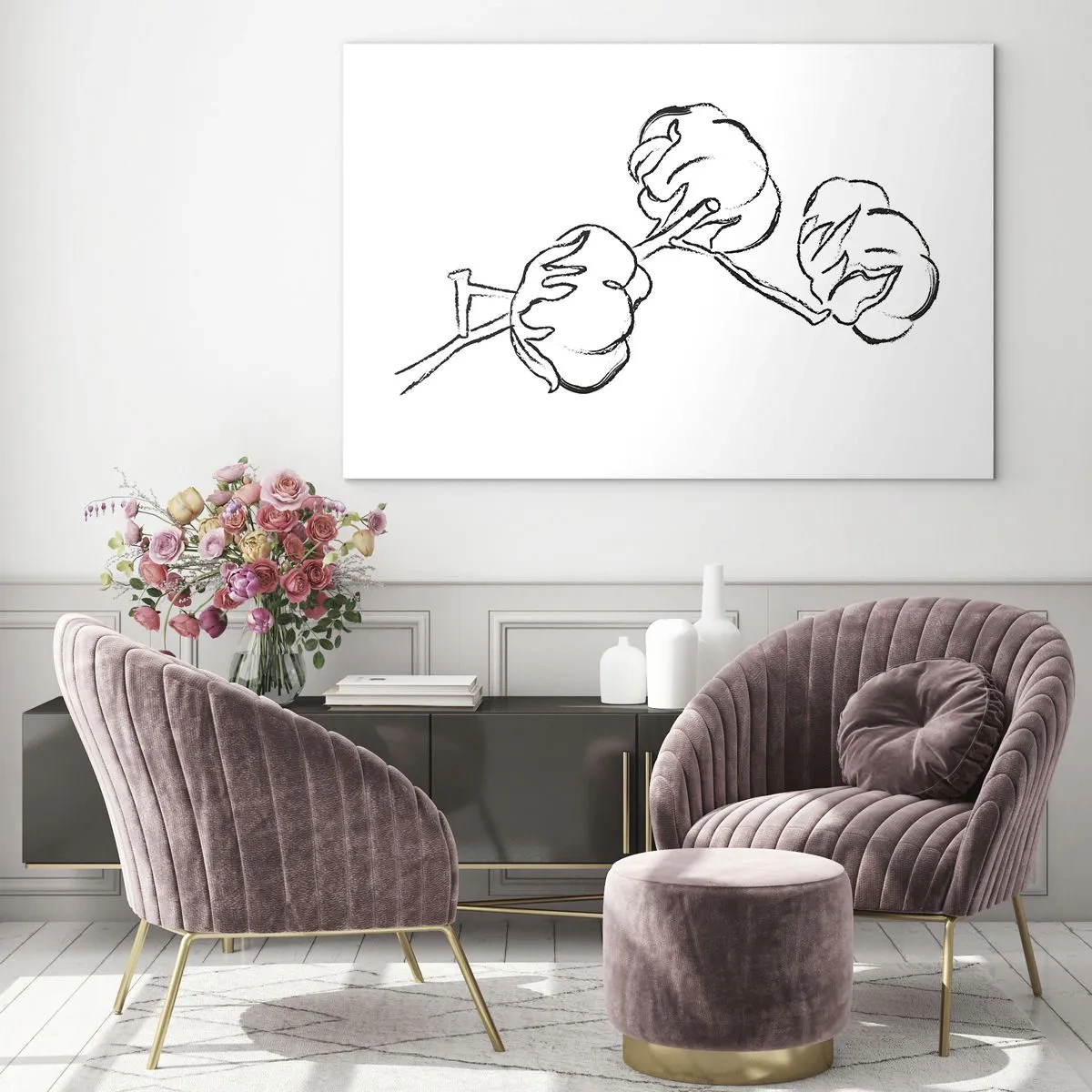 Billede på glas - En minimalistisk skitse af en bomuldsgren i sorte linjer. - 70x50cm - Bomuld ned - Moderne vægdekoration til stue og soveværelse ARTTOR