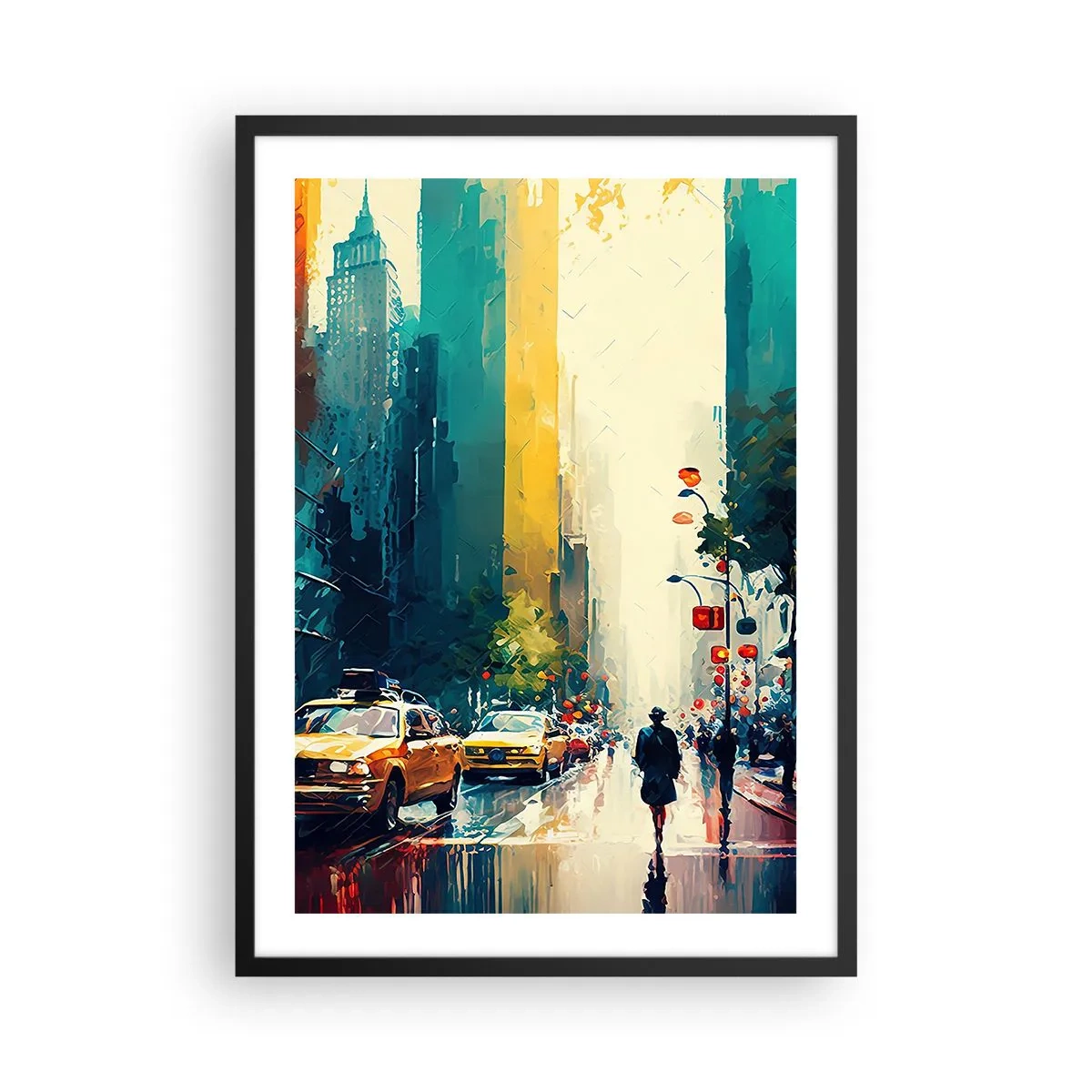 Plakat i sort ramme - En farverig gade i en storby med gule taxaer - 50x70cm - New York - her er selv regnen farverig - Moderne vægdekoration til stue og soveværelse ARTTOR