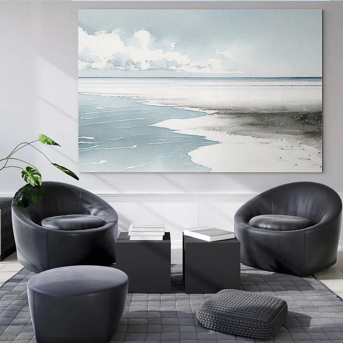 Billede på glas - Et roligt havlandskab i akvarelstil i blå nuancer. - 70x50cm - Blidt tidevand - Moderne vægdekoration til stue og soveværelse ARTTOR
