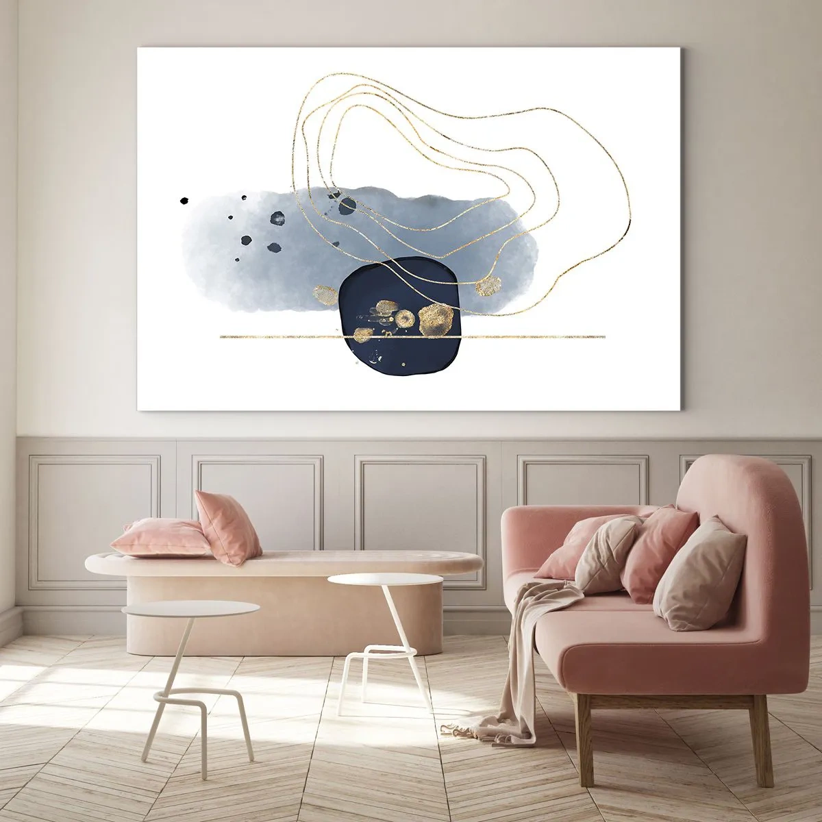 Billede på glas - Abstrakt komposition i blå og guldtoner - 70x50cm - Blå-gylden fantasi - Moderne vægdekoration til stue og soveværelse ARTTOR