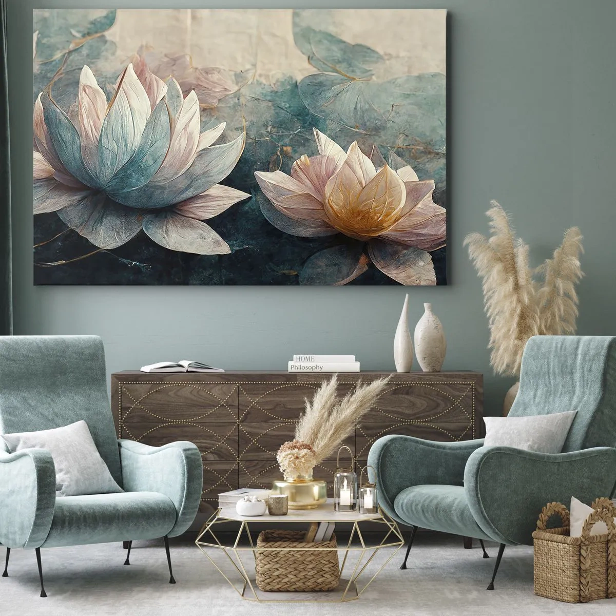 Lærredstryk - Billede på lærred - Diskrete åkander i pastelfarver af blå og guld - 70x50cm - Søens stjerner - Moderne vægdekoration til stue og soveværelse ARTTOR