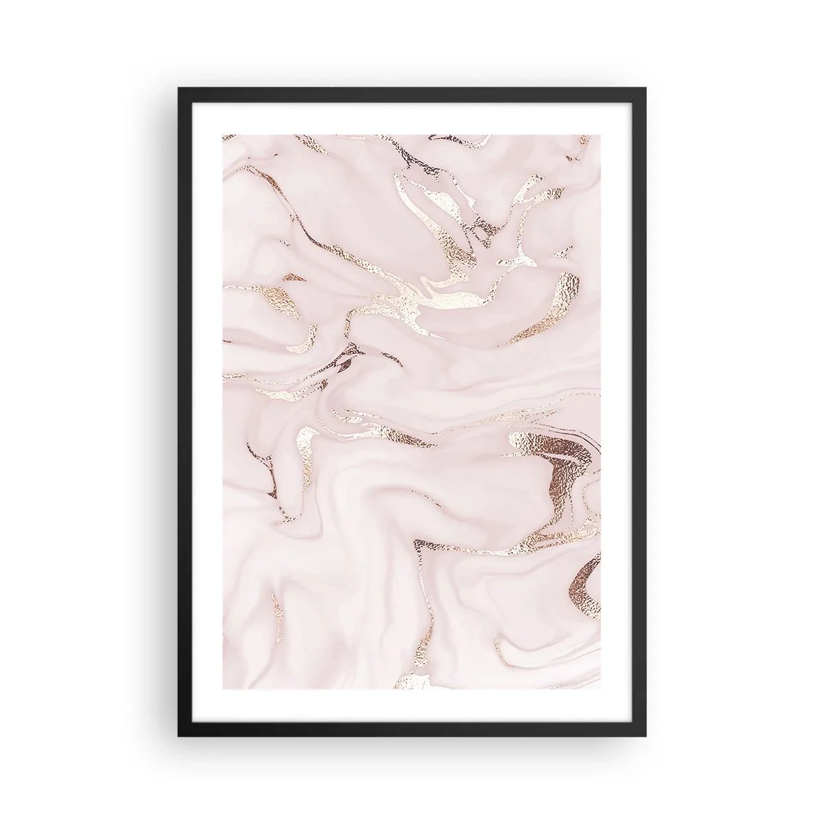 Plakat i sort ramme - Elegant marmormønster i lyserøde nuancer med gulddetaljer - 50x70cm - I et lyserødt tørklæde - Moderne vægdekoration til stue og soveværelse ARTTOR