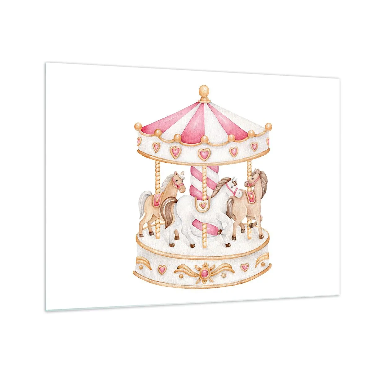 Billede på glas - En lyserød karrusel med heste i børnestil på en hvid baggrund - 70x50cm - Barndommens søde verden - Moderne vægdekoration til stue og soveværelse ARTTOR