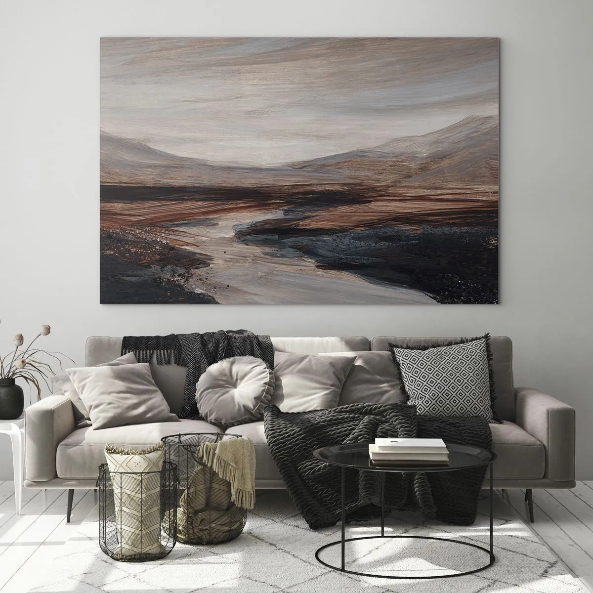 Billede på glas - En malerisk dal med en flod i nuancer af brunt og blåt - 70x50cm - Fredfyldt dal - Moderne vægdekoration til stue og soveværelse ARTTOR