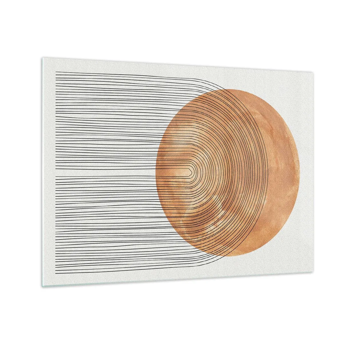 Billede på glas - Geometrisk form med koncentriske linjer og en gylden cirkel - 70x50cm - En solrig komposition - Moderne vægdekoration til stue og soveværelse ARTTOR