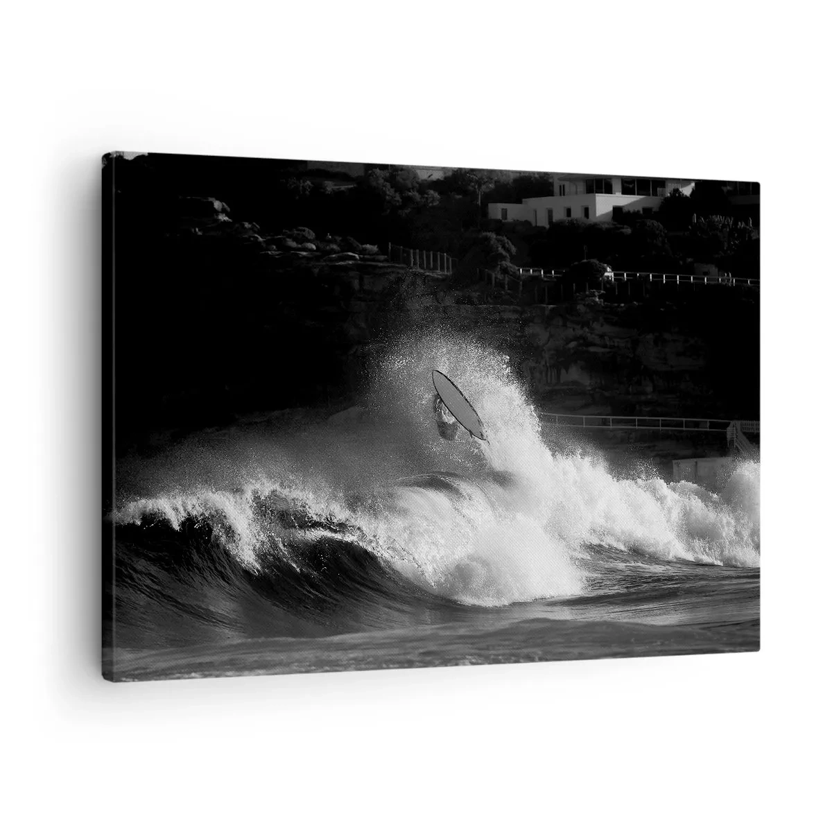 Lærredstryk - Billede på lærred - En surfer, der rider på en bølge i monokrom - 70x50cm - Udfordring accepteret! - Moderne vægdekoration til stue og soveværelse ARTTOR
