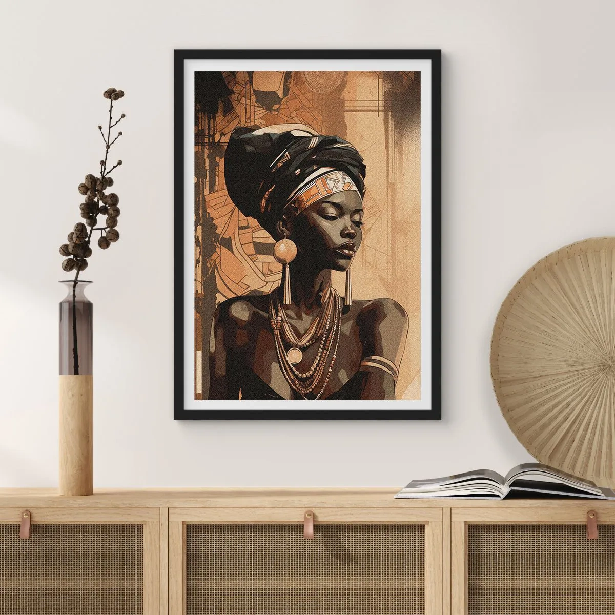 Plakat i sort ramme - Portræt af en afrikansk kvinde iført traditionelle ornamenter - 50x70cm - Afrikansk majestæt - Moderne vægdekoration til stue og soveværelse ARTTOR