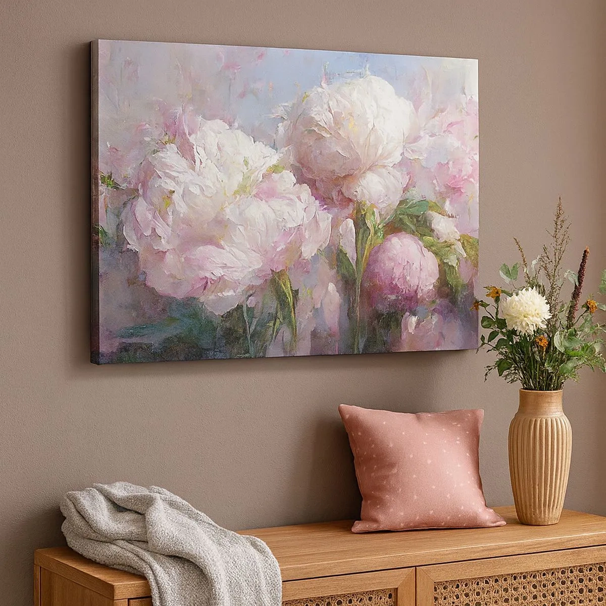 Lærredstryk - Billede på lærred - Romantiske pæonblomster i pastelfarver - 70x50cm - En buket fyldt med liv - Moderne vægdekoration til stue og soveværelse ARTTOR
