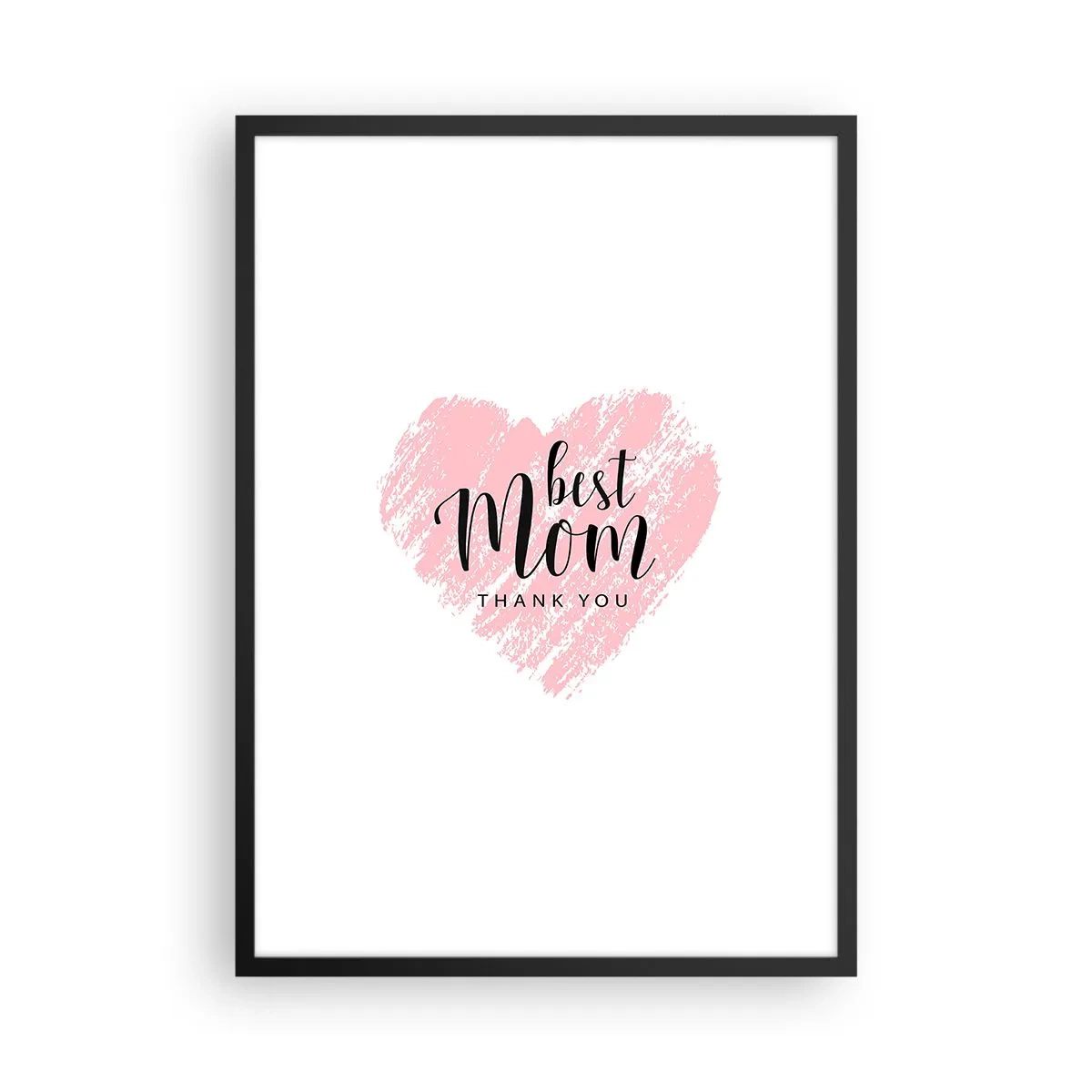 Plakat i sort ramme - Lyserødt hjerte med tekst på en hvid baggrund i minimalistisk stil - 50x70cm - Altid det rette øjeblik - Moderne vægdekoration til stue og soveværelse ARTTOR