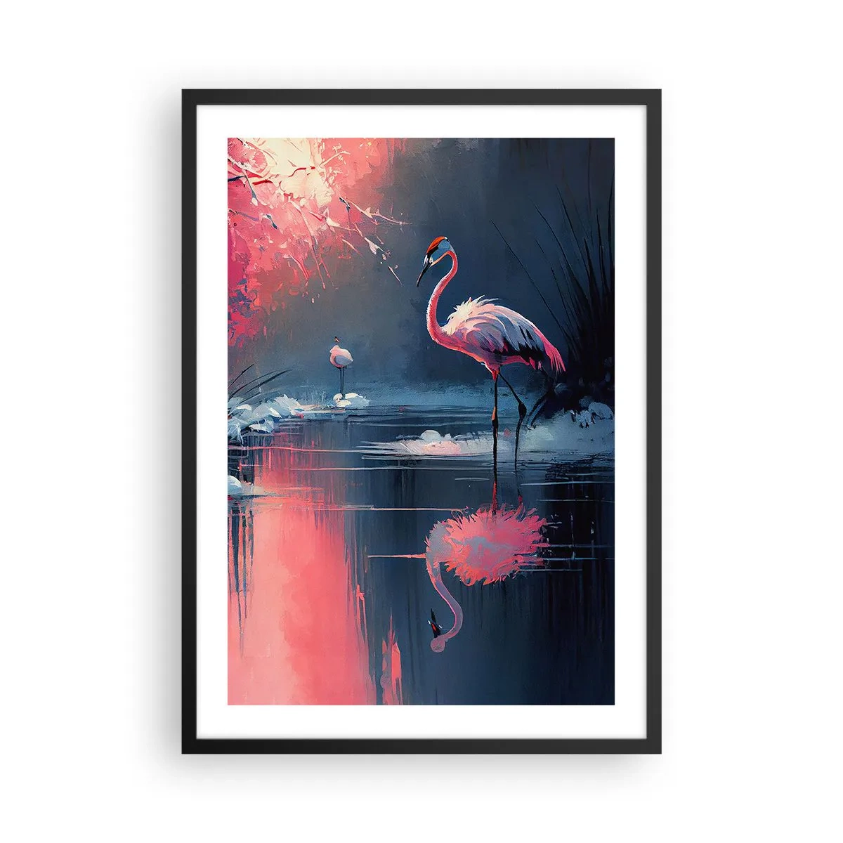 Plakat i sort ramme - Flamingoer på en rolig sø - 50x70cm - En fugls tilflugtssted - Moderne vægdekoration til stue og soveværelse ARTTOR