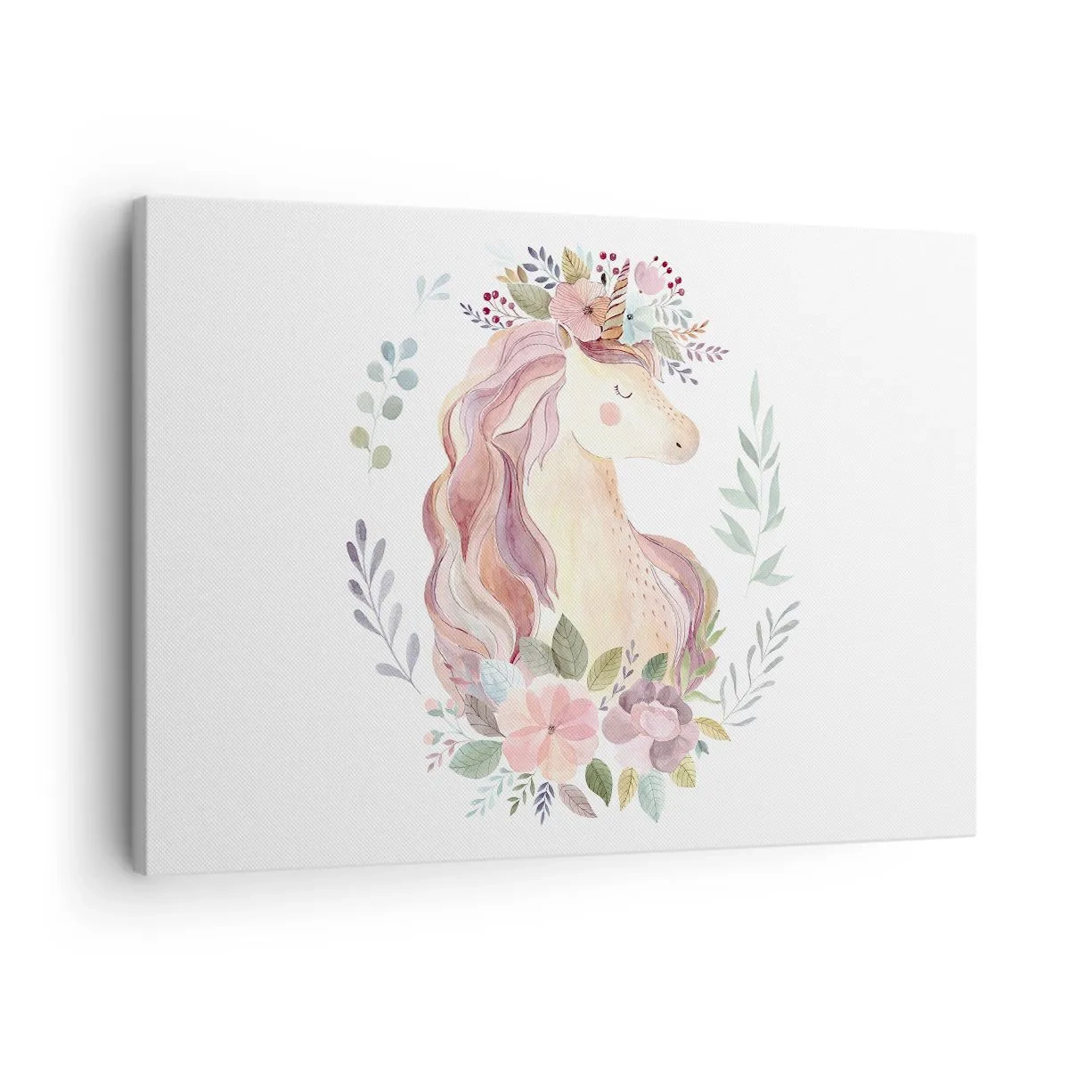 Lærredstryk - Billede på lærred - En enhjørning i pastelfarver omgivet af blomster - 70x50cm - En invitation til eventyrets verden - Moderne vægdekoration til stue og soveværelse ARTTOR