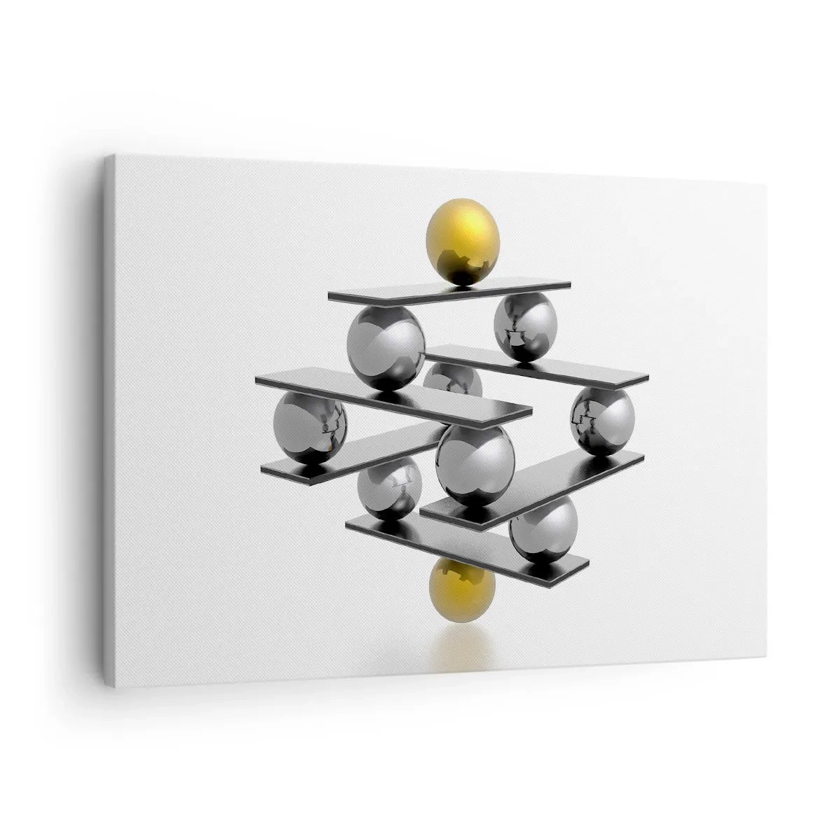 Lærredstryk - Billede på lærred - Geometrisk komposition med metalkugler og en guld accent - 70x50cm - Guld-sølv-balancen - Moderne vægdekoration til stue og soveværelse ARTTOR