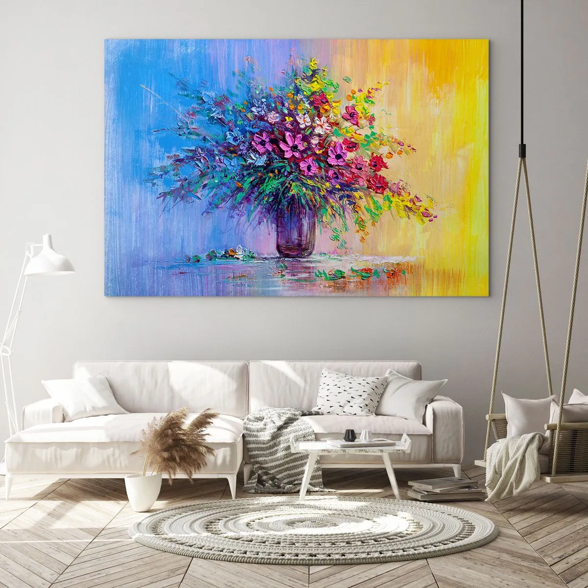 Billede på glas - En farverig buket blomster i en vase på en abstrakt baggrund - 70x50cm - Gave fra en sommereng - Moderne vægdekoration til stue og soveværelse ARTTOR