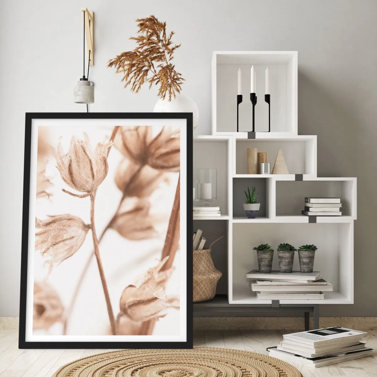 Plakat i sort ramme - Tørrede planter i sepia på en lys baggrund - 50x70cm - De kalder på slutningen af sommeren - Moderne vægdekoration til stue og soveværelse ARTTOR