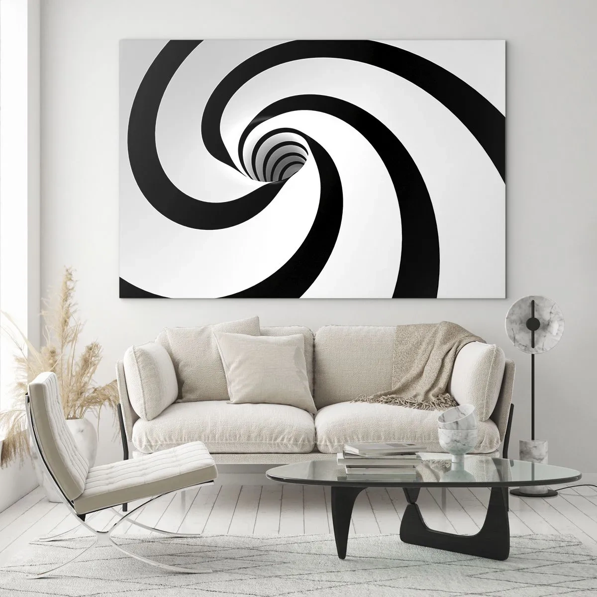 Billede på glas - Hypnotisk spiralmønster i sort og hvid - 70x50cm - Overgiver du dig til vortexen? - Moderne vægdekoration til stue og soveværelse ARTTOR