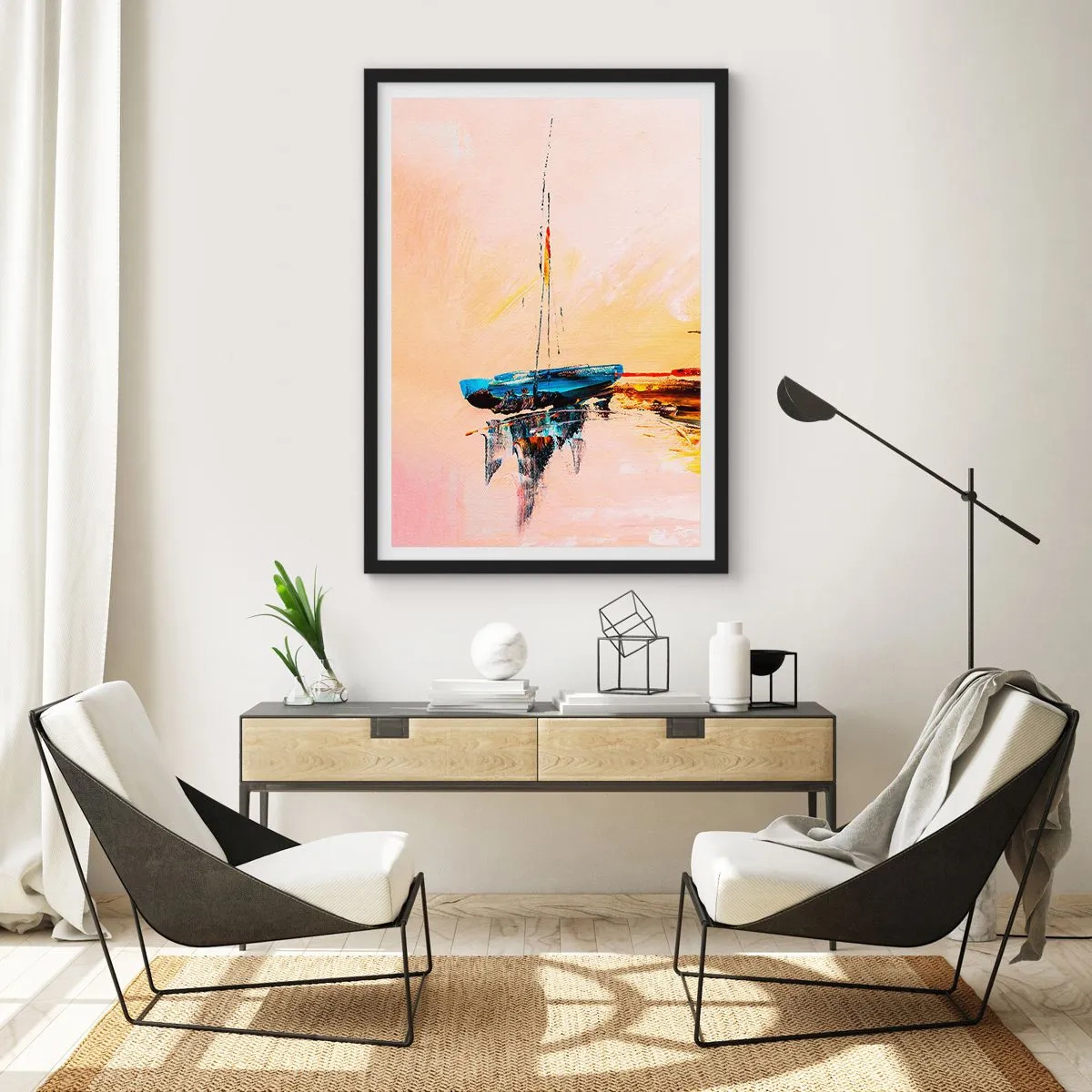 Plakat i sort ramme - Abstrakt båd på roligt vand ved solnedgang - 50x70cm - En aften i havnen - Moderne vægdekoration til stue og soveværelse ARTTOR