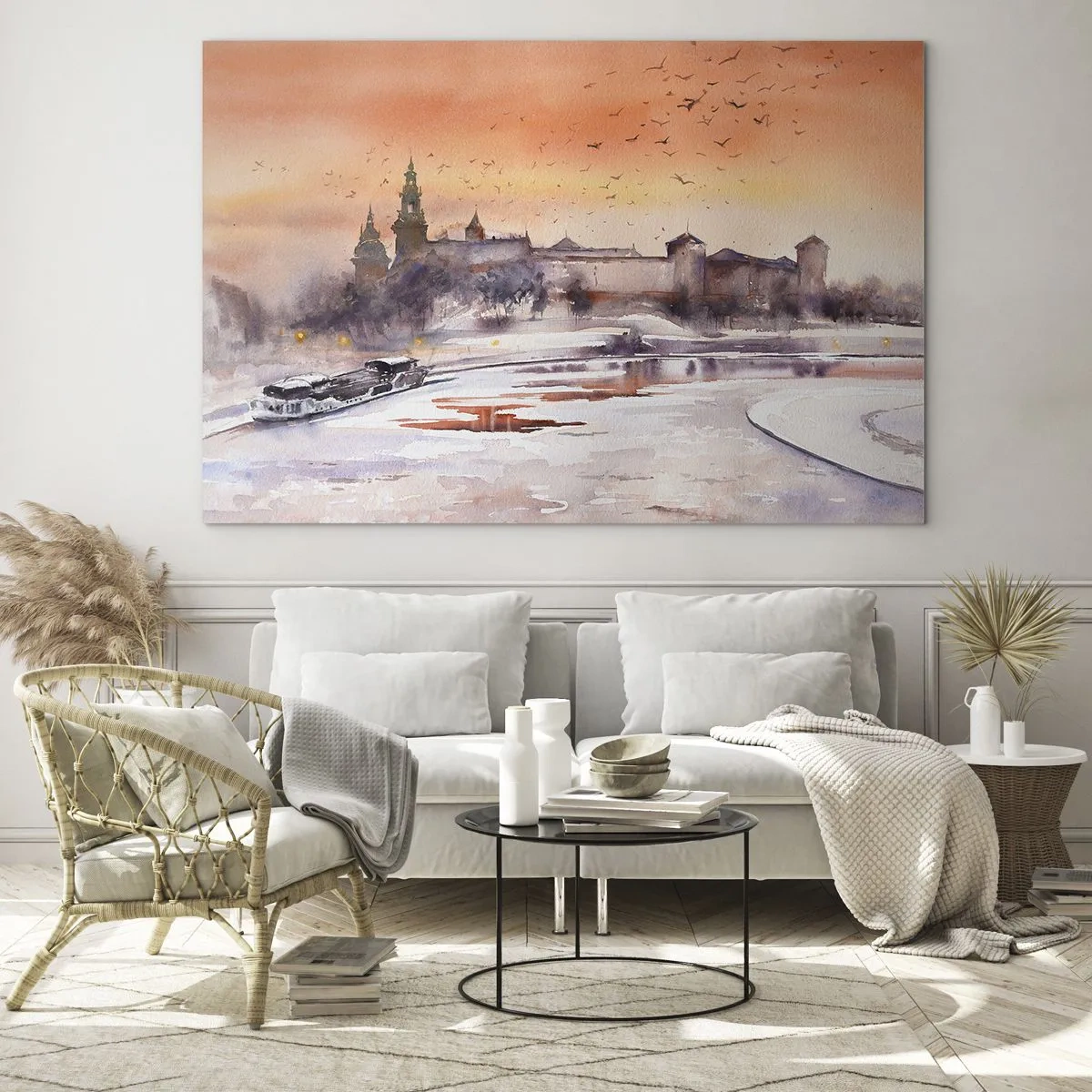 Billede på glas - Solnedgang over det kongelige slot og floden om vinteren - 70x50cm - Kongelig solnedgang - Moderne vægdekoration til stue og soveværelse ARTTOR