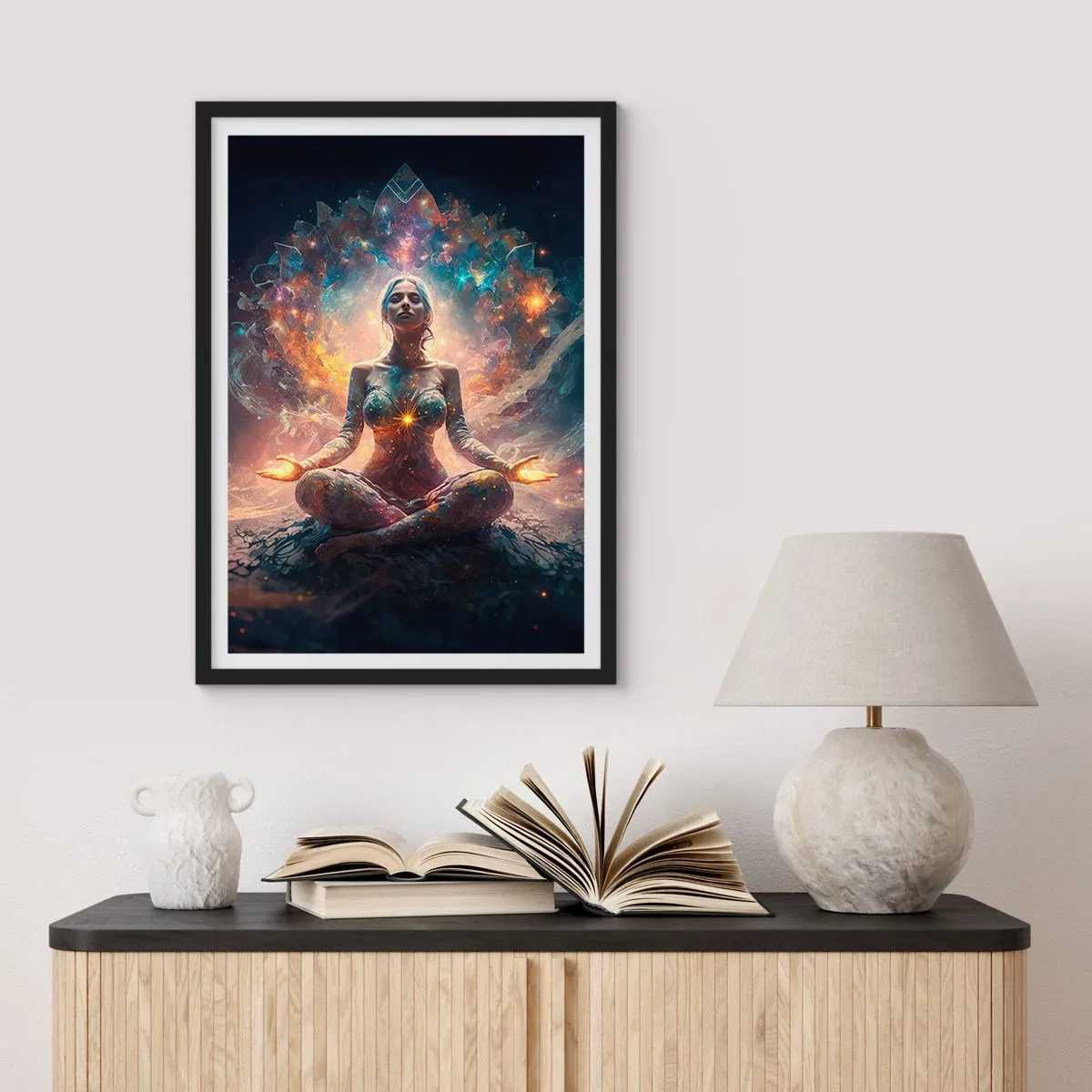 Plakat i sort ramme - Mystisk meditation omgivet af kosmisk energi - 50x70cm - Flow af god energi - Moderne vægdekoration til stue og soveværelse ARTTOR