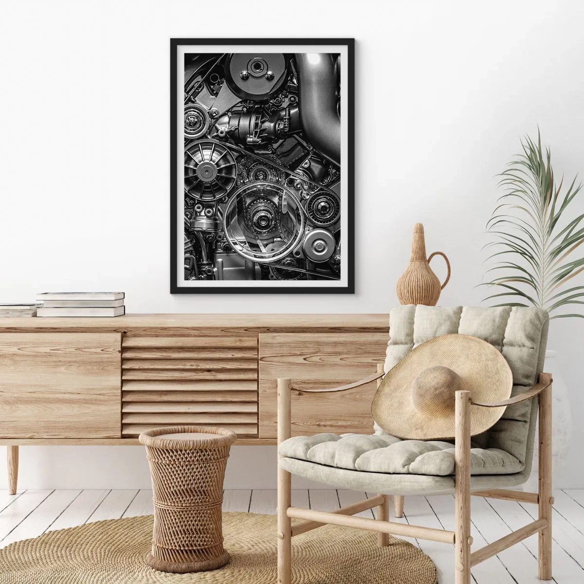 Plakat i sort ramme - Detaljeret nærbillede af motorens mekaniske komponenter i sort-hvid - 50x70cm - Mekanikkens poesi - Moderne vægdekoration til stue og soveværelse ARTTOR