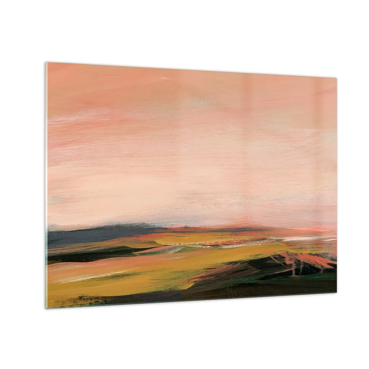 Billede på glas - Et abstrakt landskab i nuancer af lyserød og off-green. - 70x50cm - I lyserøde toner - Moderne vægdekoration til stue og soveværelse ARTTOR