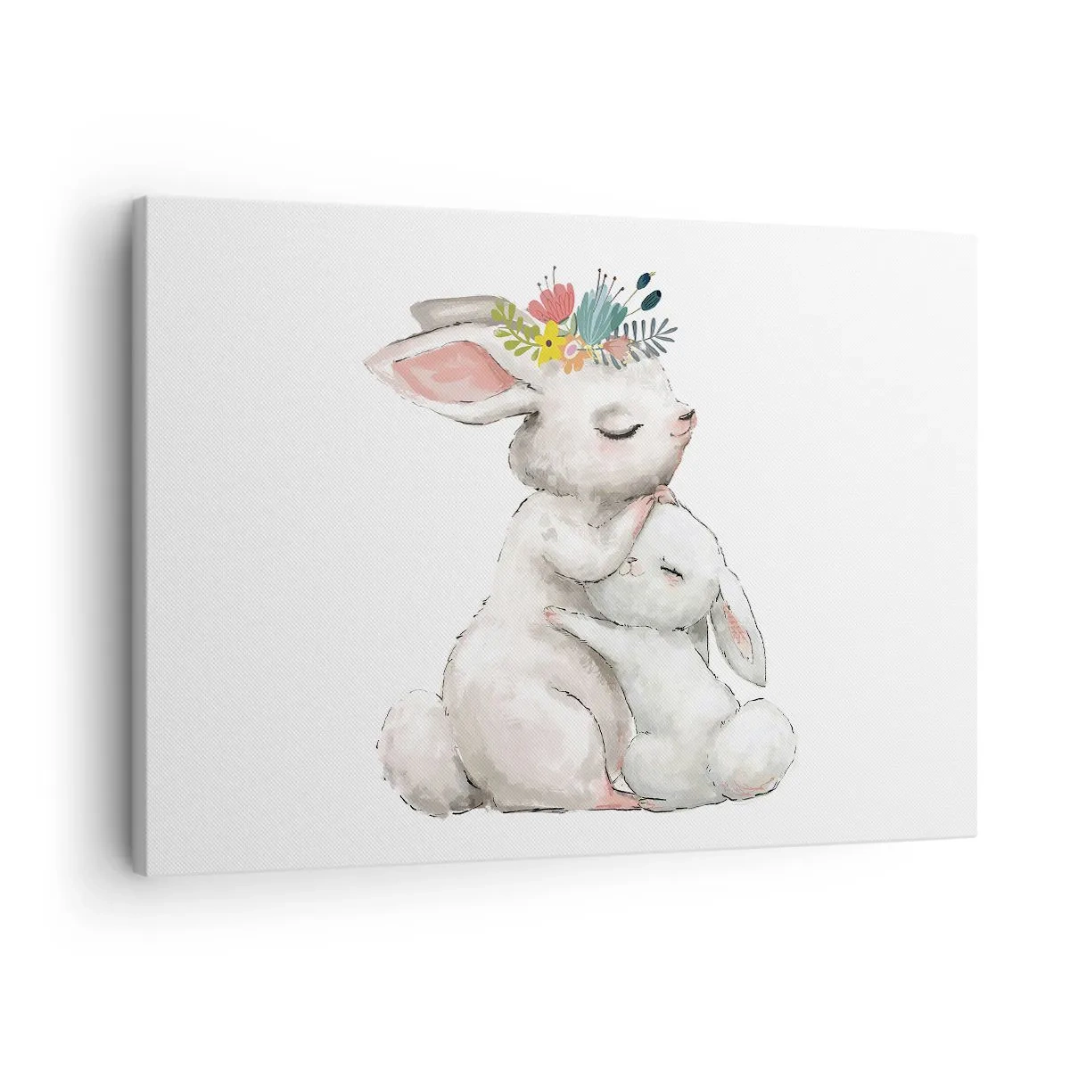 Lærredstryk - Billede på lærred - Søde kaniner i pastelfarver - 70x50cm - Der er intet sted som hos mor - Moderne vægdekoration til stue og soveværelse ARTTOR